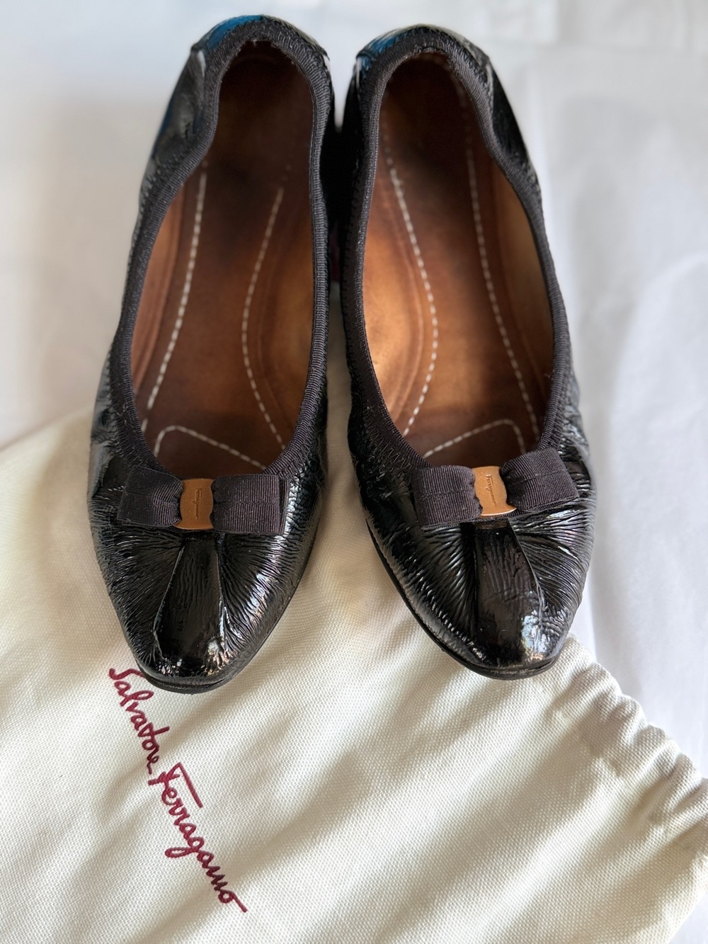 Salvatore Ferragamo Black Patent Varina Bow Flats